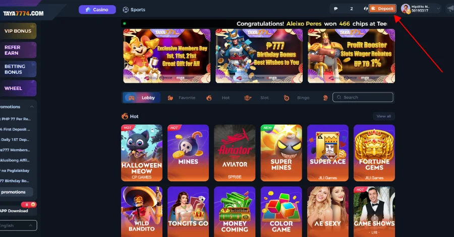 After login, click deposit button at Taya777 Lobby