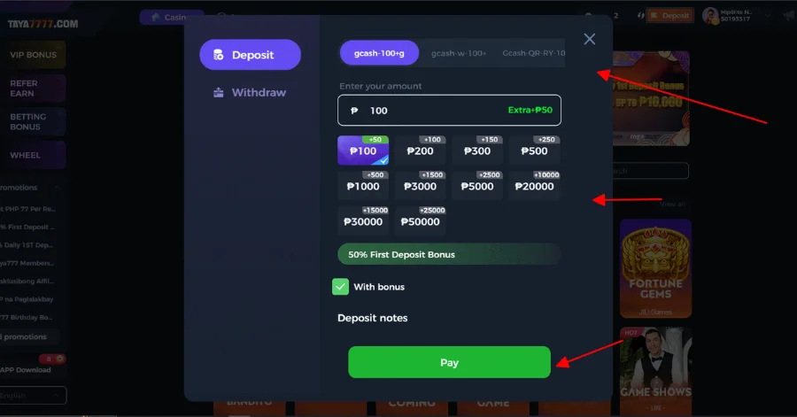 Choose payment method and enter amount of money to deposit