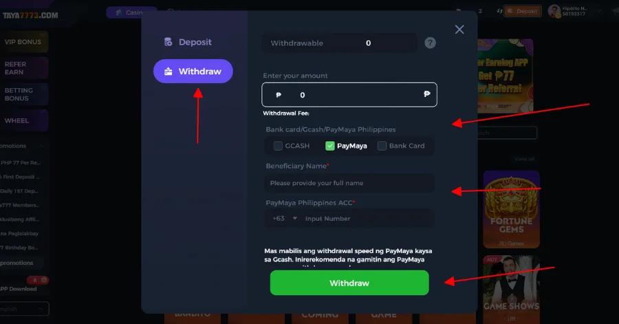 Click withdraw and add bank account to withdraw at Taya777